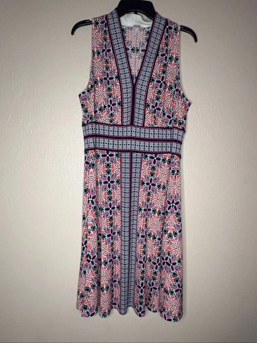 London Times Women's Multicolor Geometric Floral Sleeveless Fit Flare Dress Size
